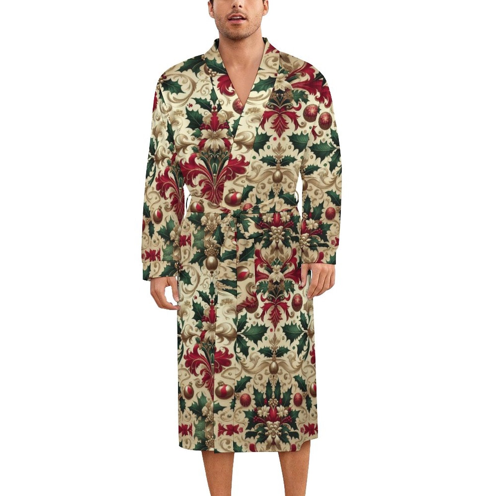 Christmas Damask Pattern Adult Robe – Milk Fiber, All-Over Printing by SALE-Personal Design