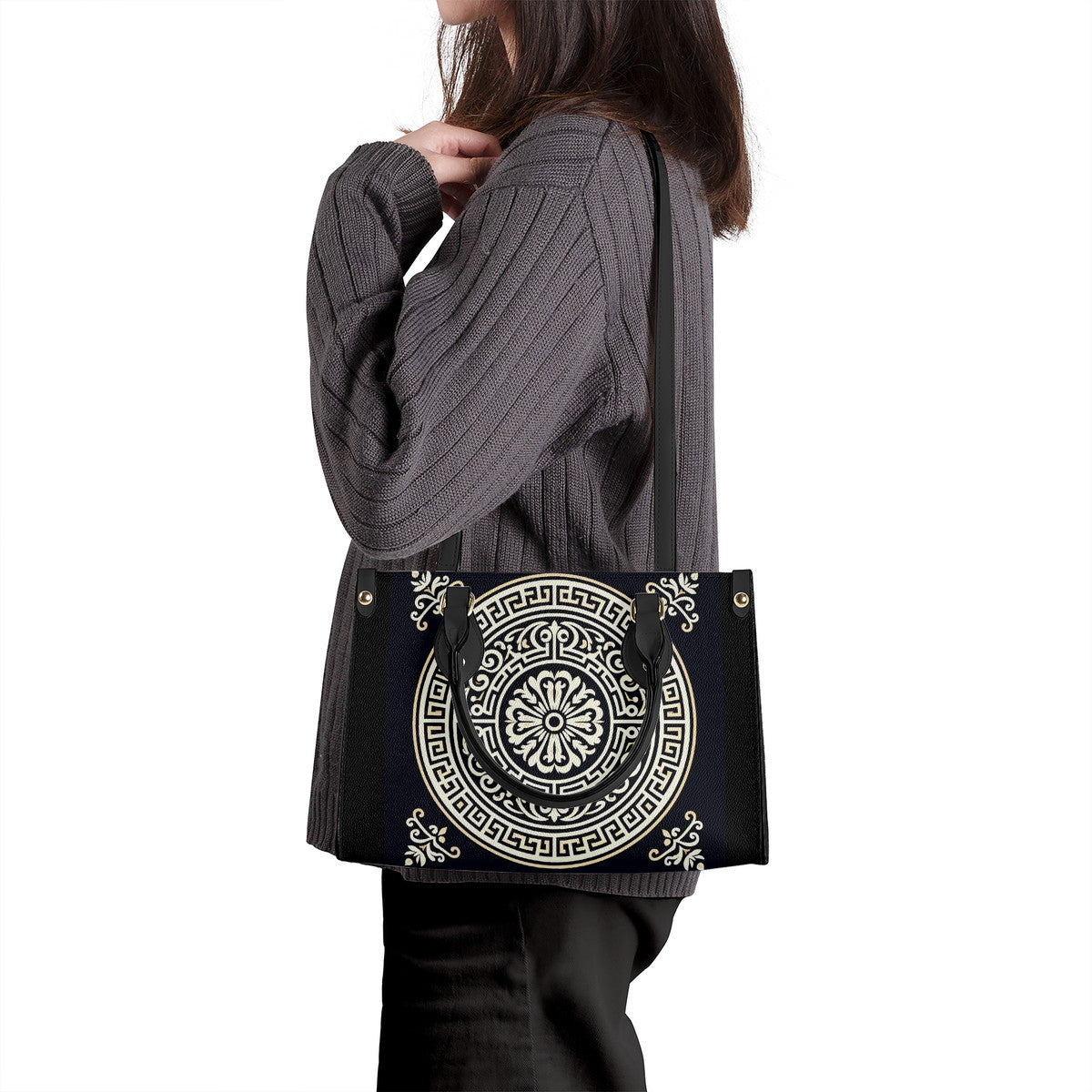 Luxury Women PU Tote Bag - Black with white circle