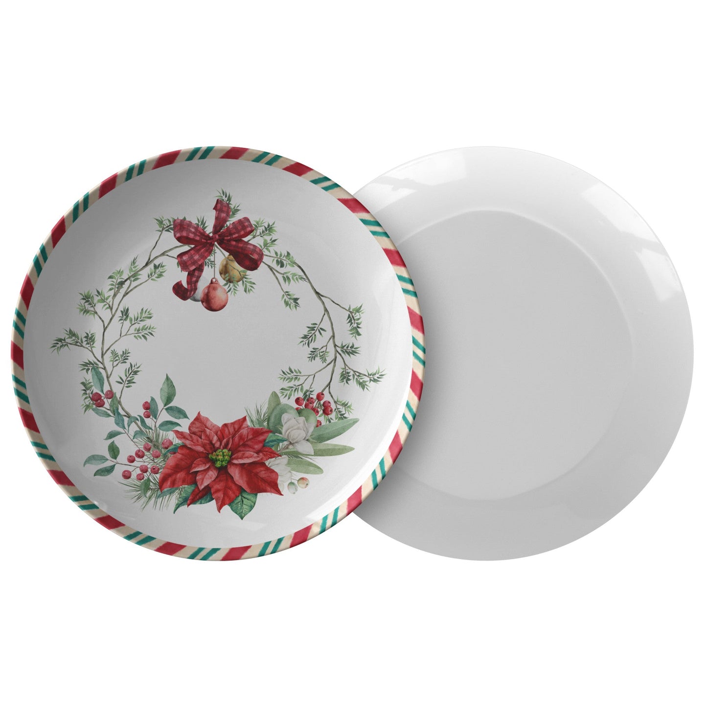 Christmas Plate Traditional Holiday Decor, Festive Dish, Seasonal TablPRODUCT INFORMATION10" dinner plate manufactured from revolutionary polymer that is:

Microwave Safe
Oven Safe (250° up to 1 hour)
Dishwasher Safe
CPSC-Certified
FDAChristmasLoving.Shop