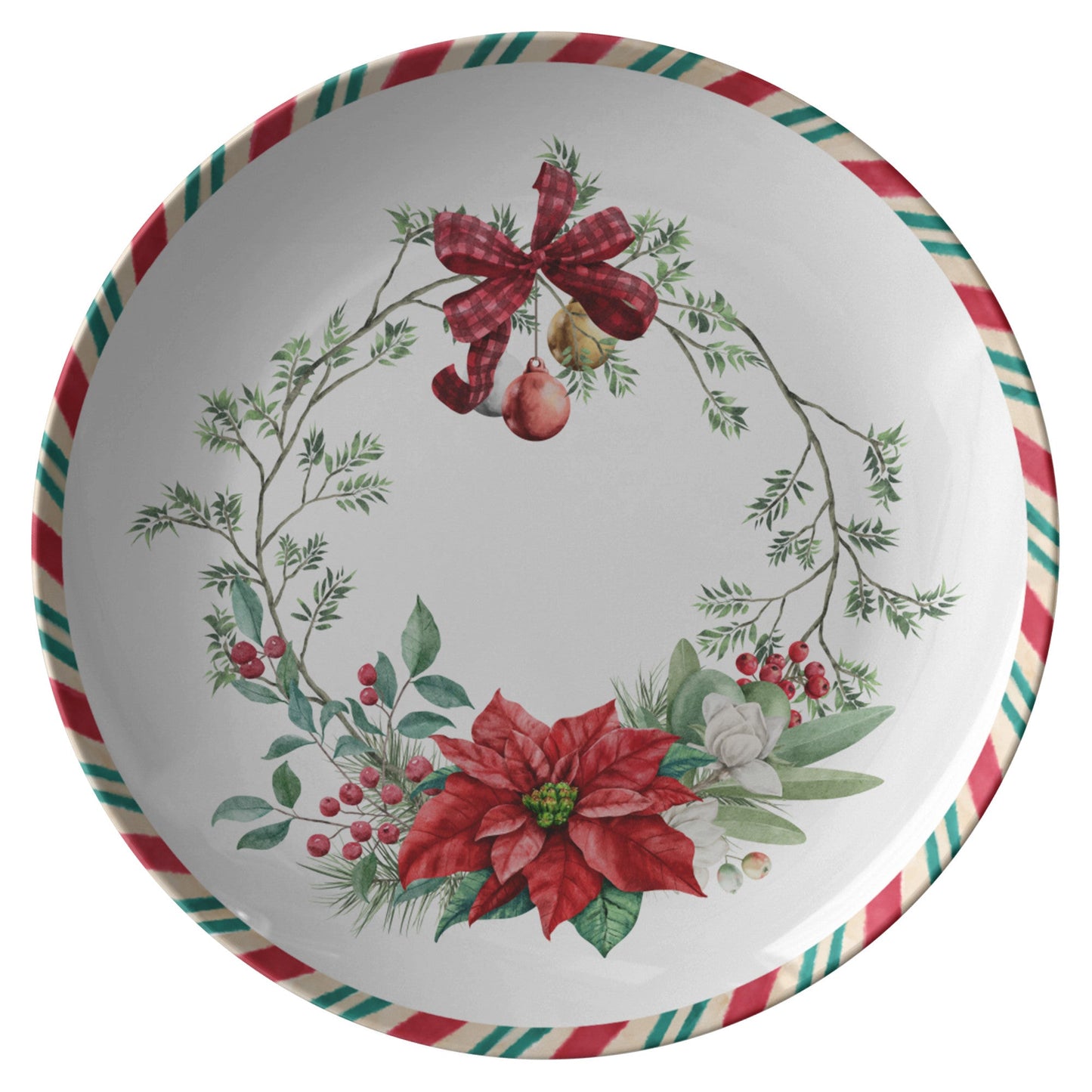 Christmas Plate Traditional Holiday Decor, Festive Dish, Seasonal TablPRODUCT INFORMATION10" dinner plate manufactured from revolutionary polymer that is:

Microwave Safe
Oven Safe (250° up to 1 hour)
Dishwasher Safe
CPSC-Certified
FDAChristmasLoving.Shop