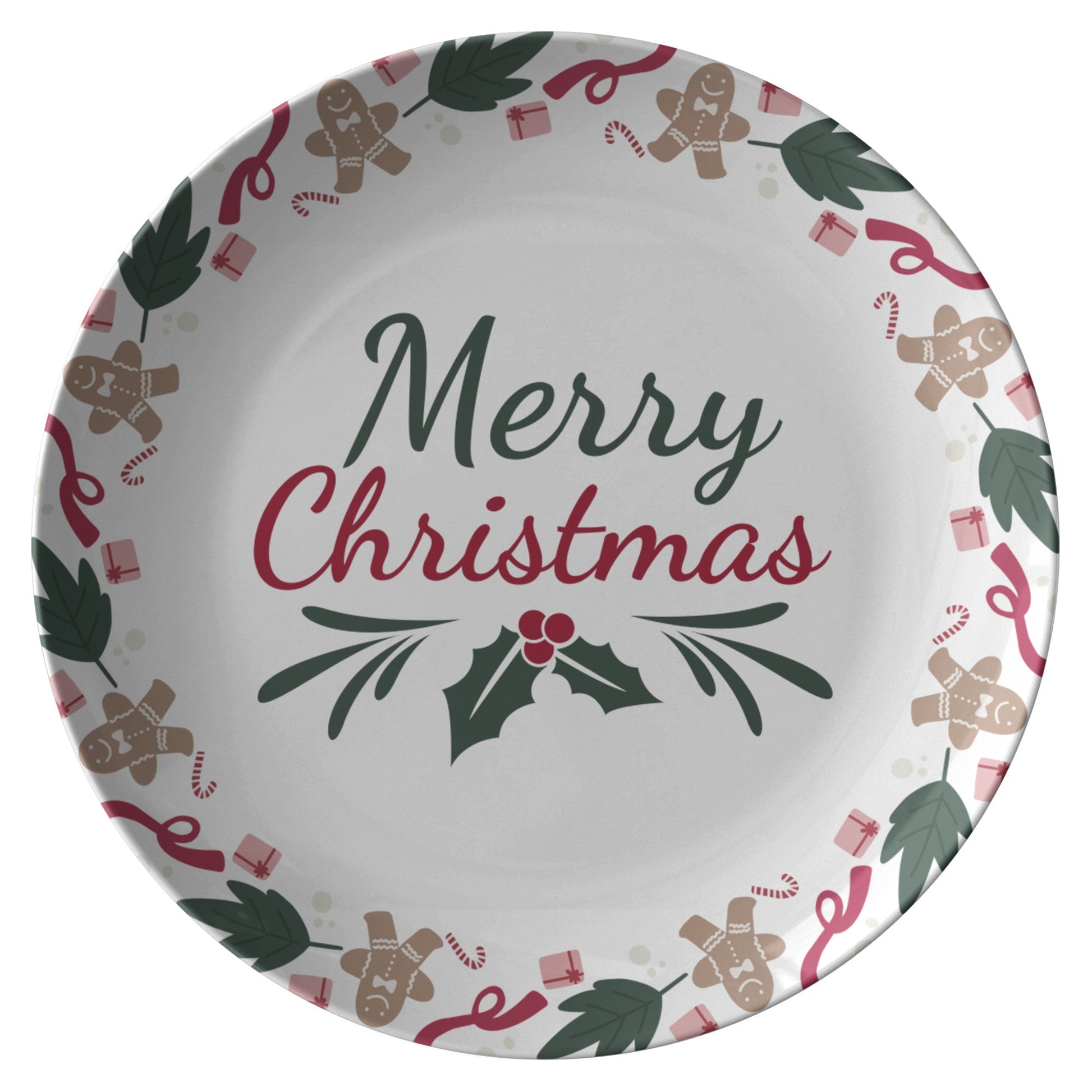 Christmas Plate with "Merry Christmas" Text, Festive Table Decor, HoliPRODUCT INFORMATION10" dinner plate manufactured from revolutionary polymer that is:

Microwave Safe
Oven Safe (250° up to 1 hour)
Dishwasher Safe
CPSC-Certified
FDAChristmasLoving.Shop