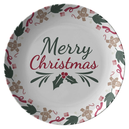 Christmas Plate with "Merry Christmas" Text, Festive Table Decor, HoliPRODUCT INFORMATION10" dinner plate manufactured from revolutionary polymer that is:

Microwave Safe
Oven Safe (250° up to 1 hour)
Dishwasher Safe
CPSC-Certified
FDAChristmasLoving.Shop