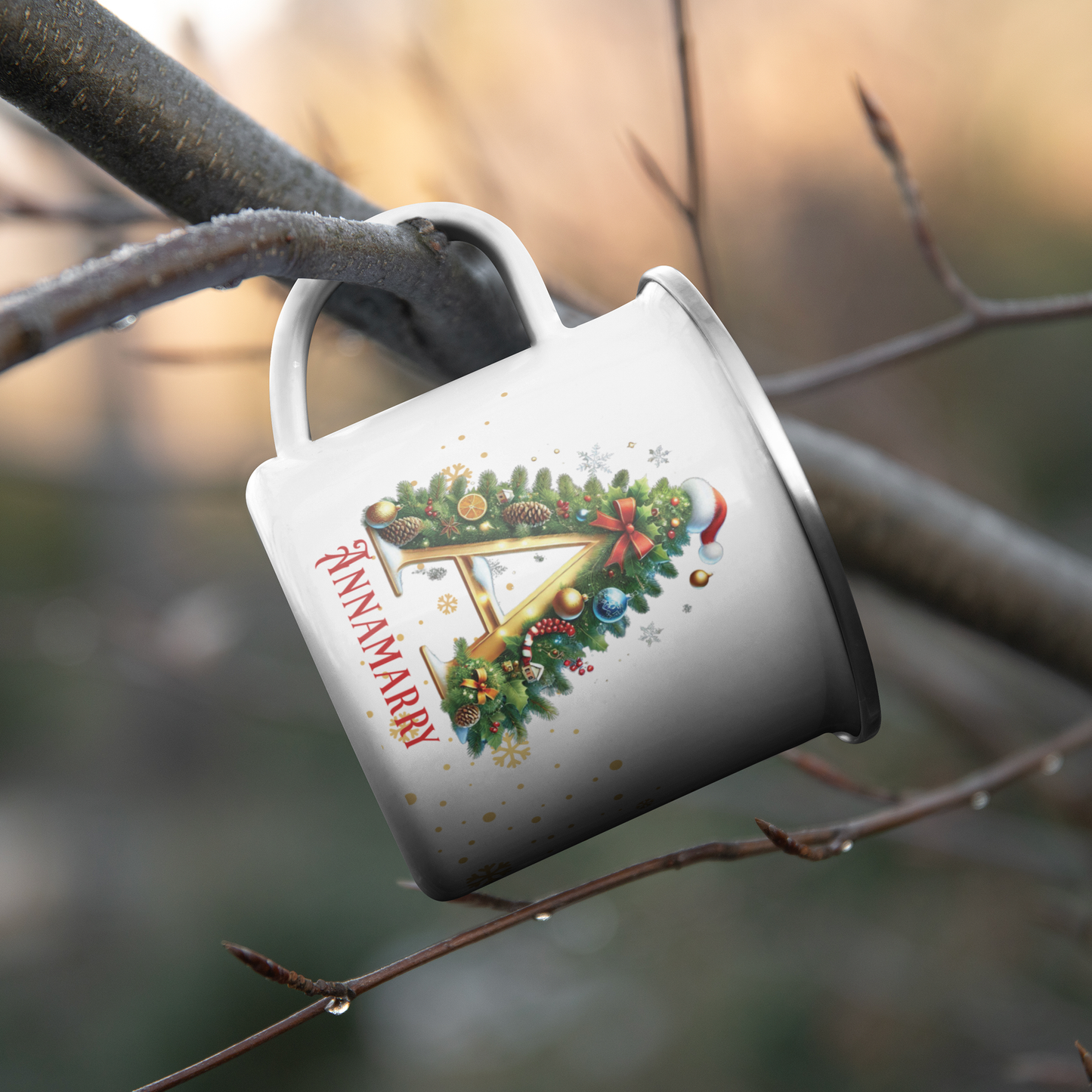 Custom_Christmas_Enamel_Mug_with_Letter__CampingMugLifestyleHanginBranch_Mockup.png