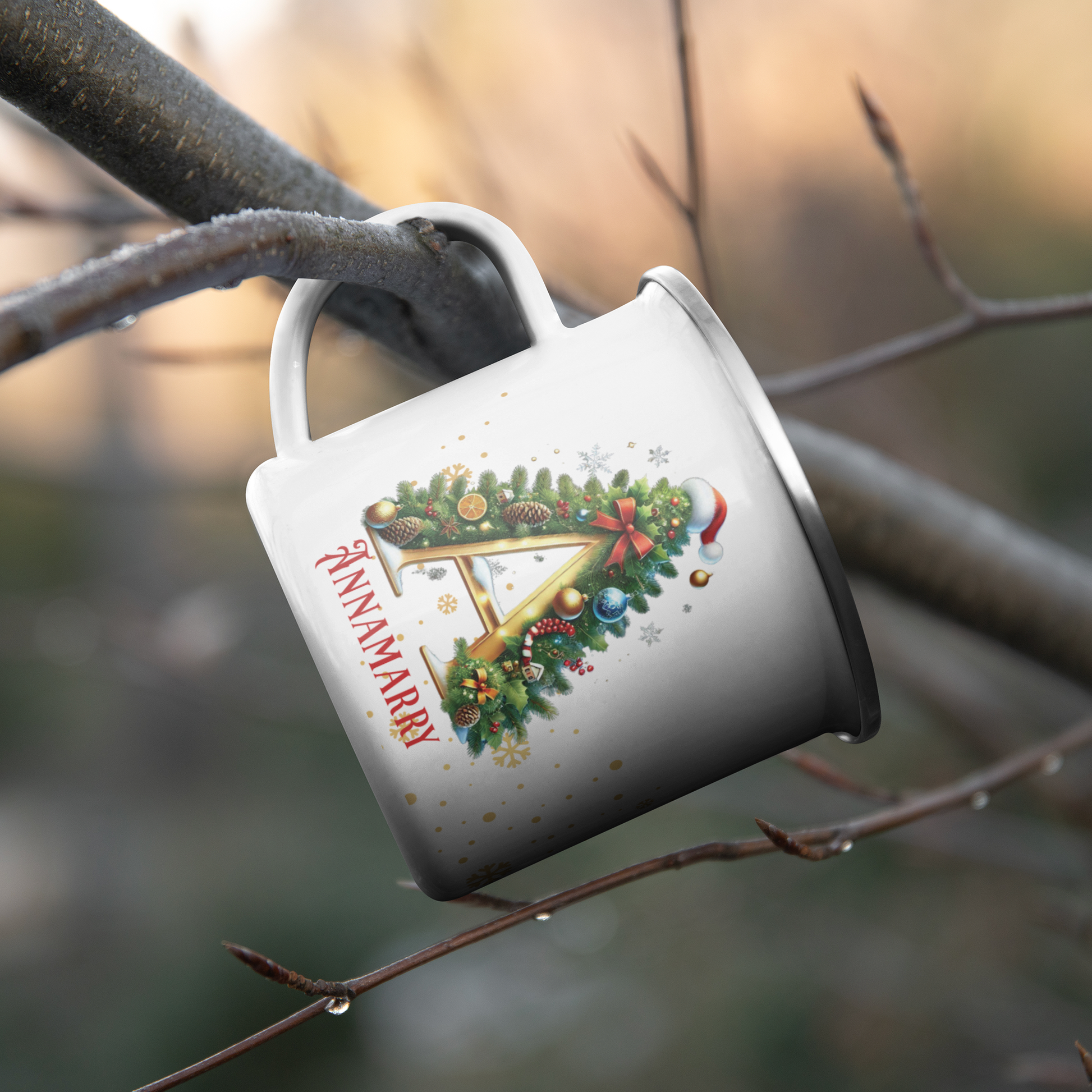 Custom_Christmas_Enamel_Mug_with_Letter__CampingMugLifestyleHanginBranch_Mockup.png