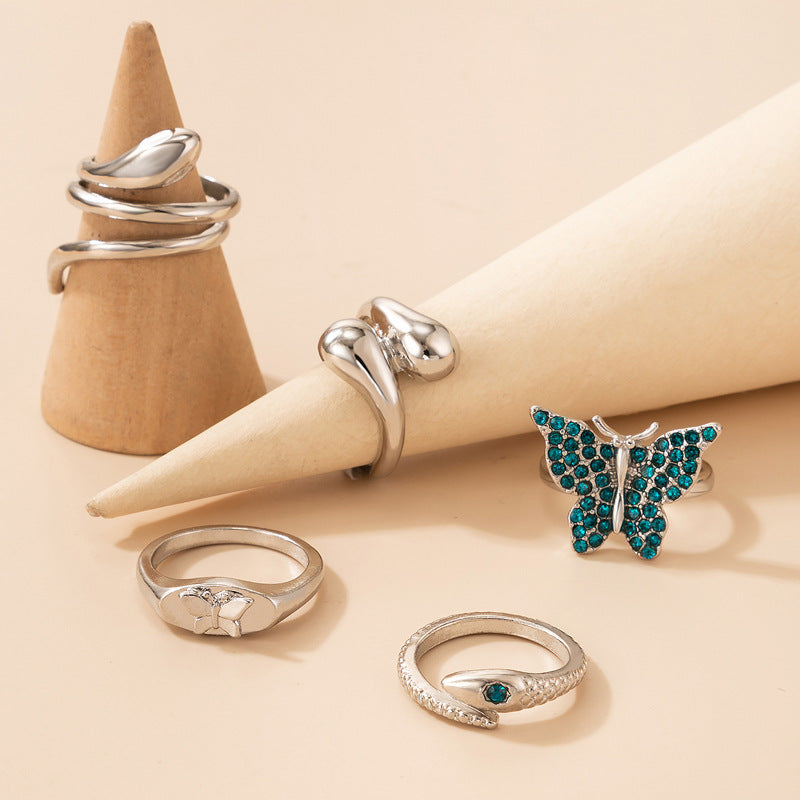 Blue Butterfly Diamond Ring Set of Five Snake Irregular Ring Set