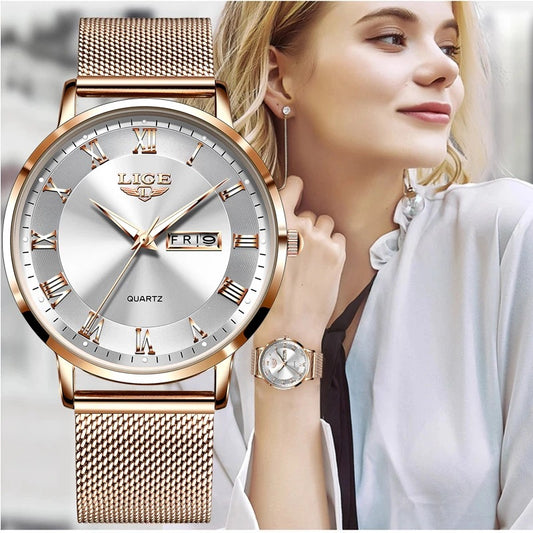 LIGE Ultra Thin Ladies Quartz Watch Classic Women's Watch Dual Calendar Waterproof Watch Milan Mesh Strap Watch