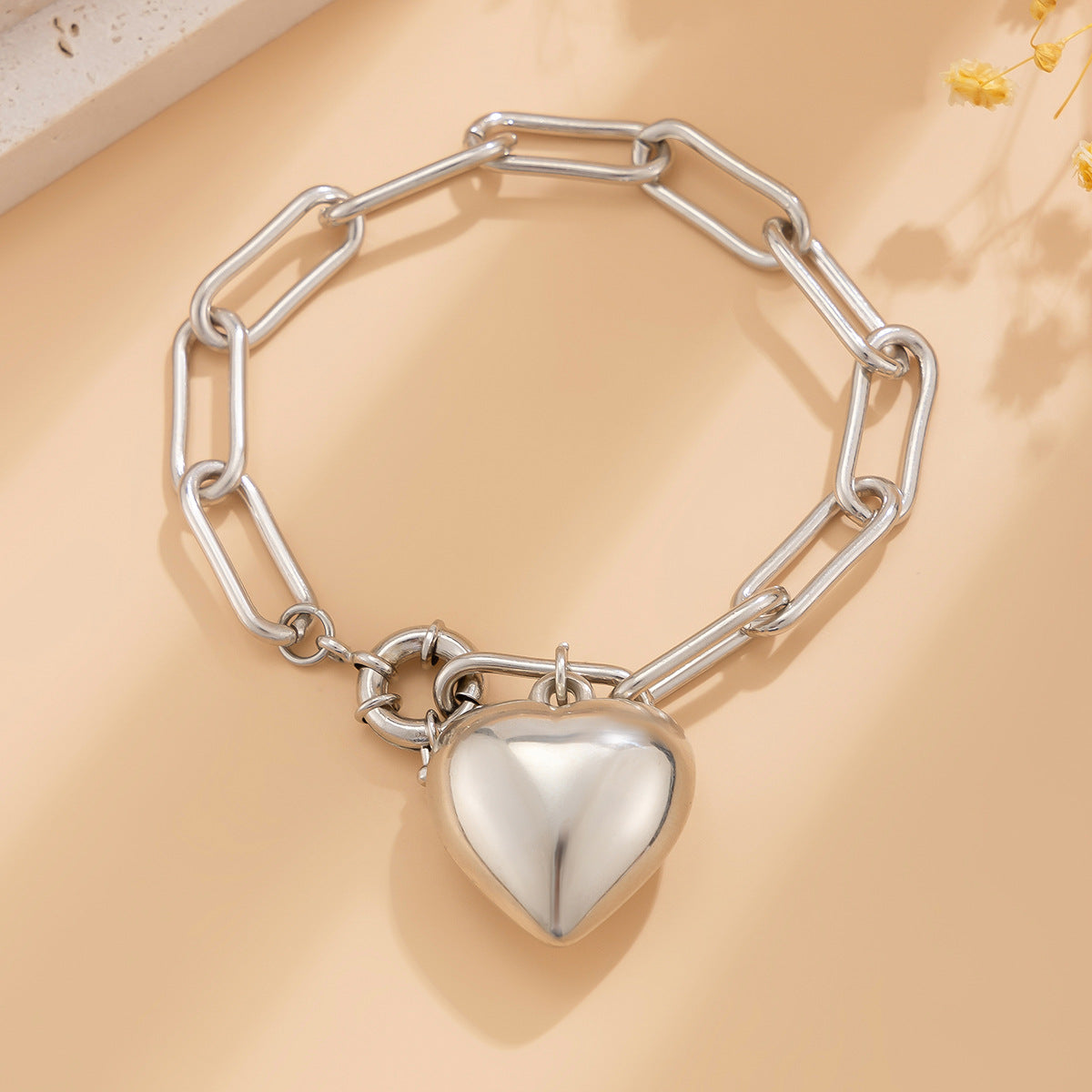 Ins Simple and Versatile Big Peach Heart Bracelet Personalized Heart shaped Iron Chain Bracelet for Women