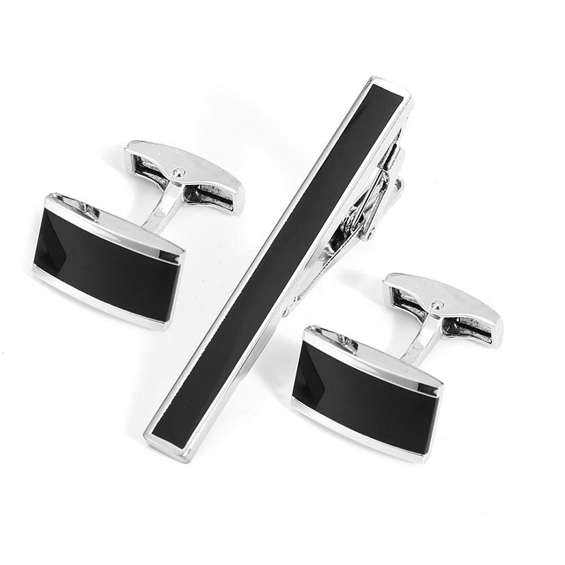 Business Fashion Men's Suit Cuff Tie Accessories Black Three Piece Set Cufflinks Tie Clip Set Gift