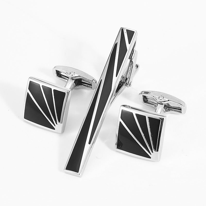 Business Fashion Men's Suit Cuff Tie Accessories Black Three Piece Set Cufflinks Tie Clip Set Gift