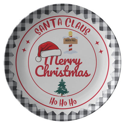 Festive Black & White Plate with Vibrant Red "Ho Ho Ho" Santa Claus Design – Perfect for Holiday Gatherings