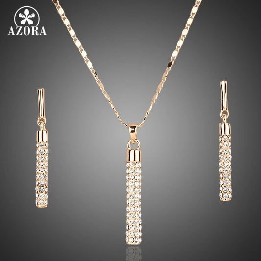 AZORA Gold Color Clear Austria Crystals Drop Earrings and Pendant Necklace Jewelry Sets 
