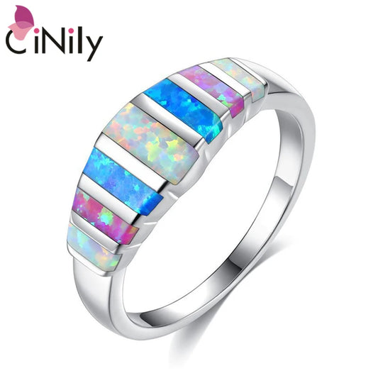 CiNily Rainbow Big Fire Opal Stone Rings Silver Plated Blue White Pink Colorful Engagement Finger Ring Summer Jewelry Women Girl