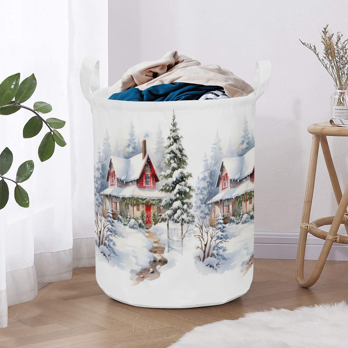 Christmas Round Laundry Basket Winter scene
