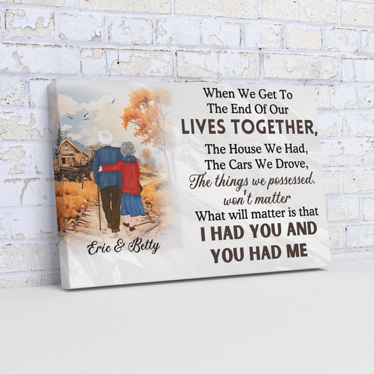 Rustic fall-themed personalized platter with couple walking, cozy house, and sentimental poem.