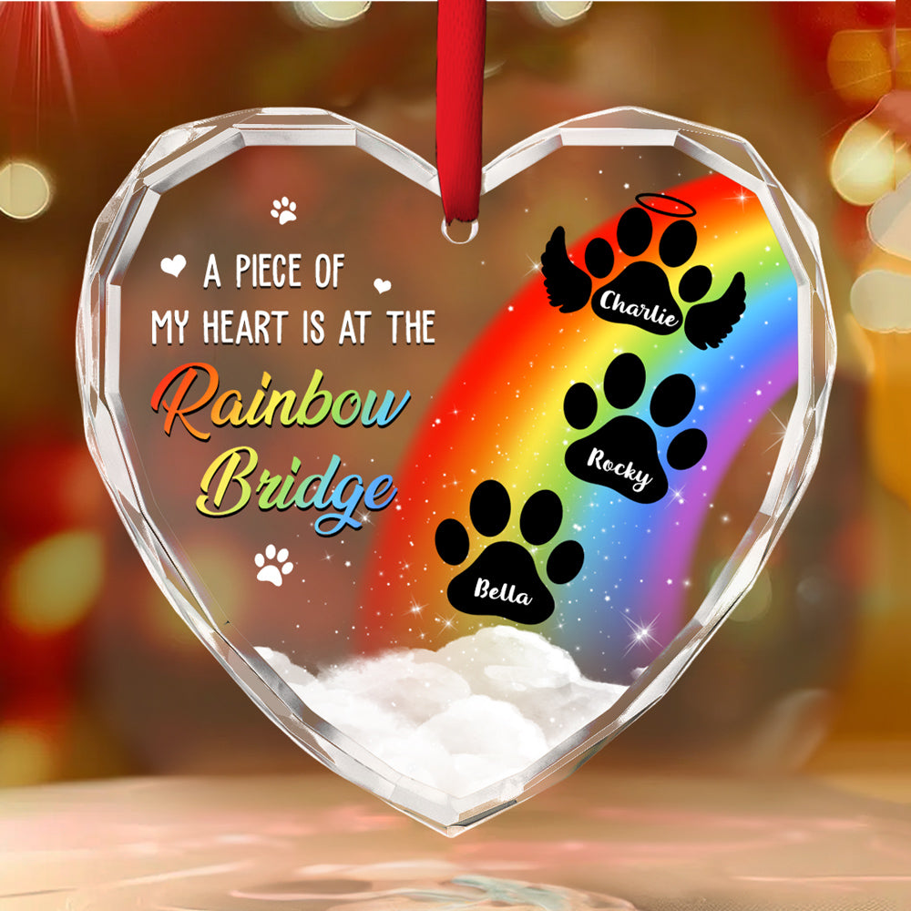 Custom glass heart ornament for dog mom with rainbow bridge and paw print design. Memorial gift.