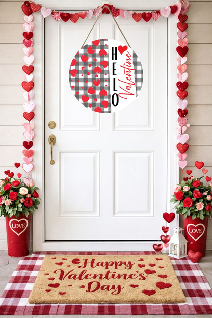 Valentine's Day Welcome Sign Door Hanger – Heart Farmhouse Front Door Decor for Valentine’s Day