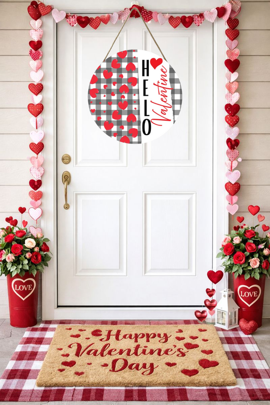 Valentine's Day Welcome Sign Door Hanger – Heart Farmhouse Front Door Decor for Valentine’s Day