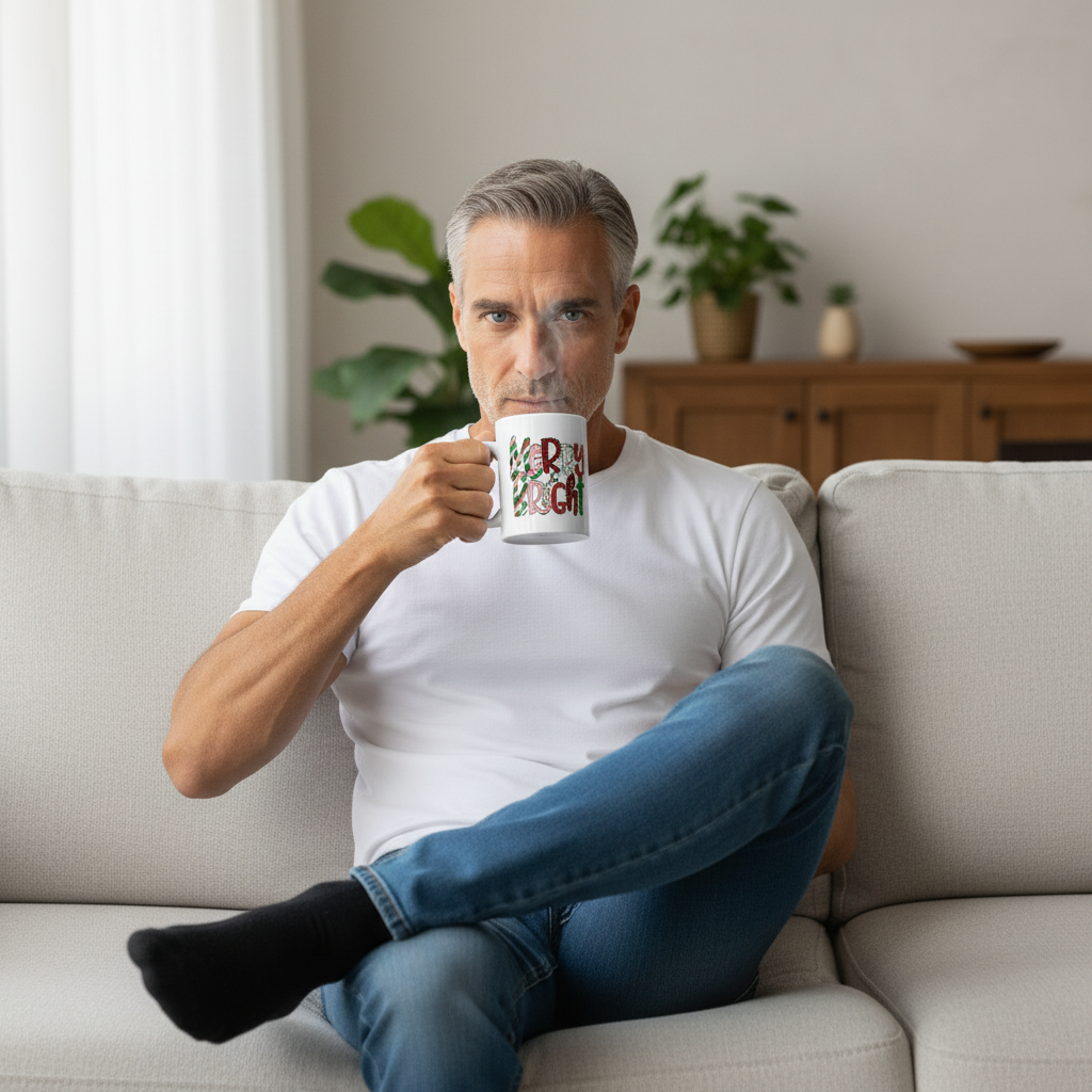 Merry and Bright Glossy White Coffee Mug – Christmas Holiday Ceramic Cup