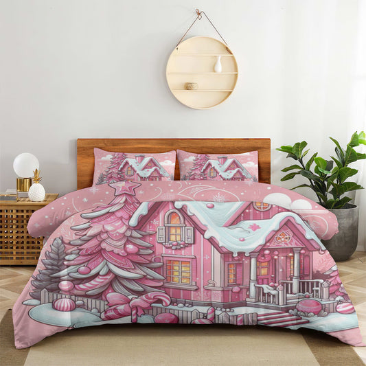 Quilt Cover Four-Piece Set (Double-Sided Printing) | Polyester - pink h1