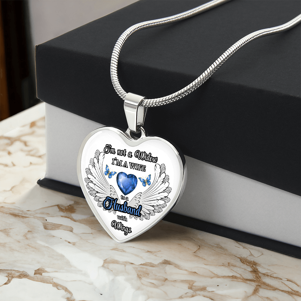 Personalized Memorial Necklace for Wife – "I'm a Wife to a Husband with Wings" – Heart Pendant Sympathy Gift – Loss of Husband Jewelry