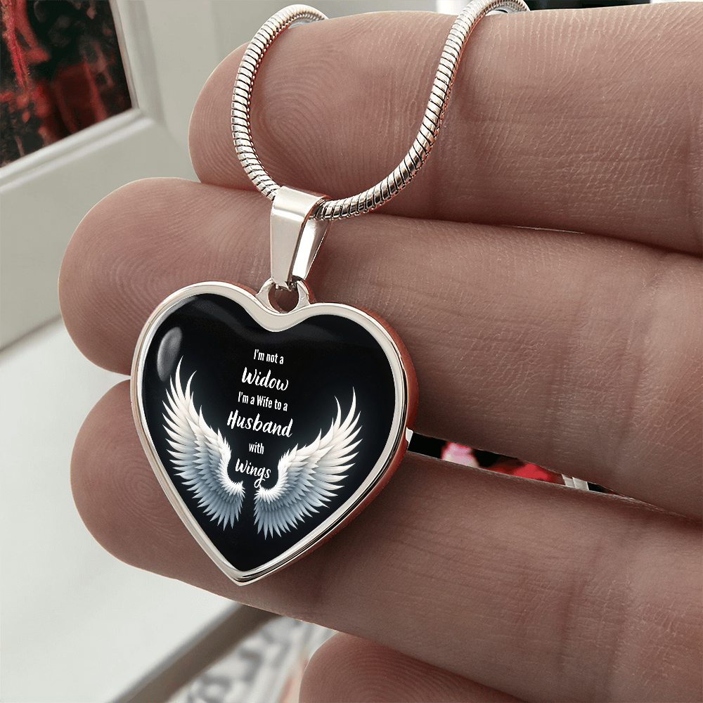 Heart Necklace, I'm Not A Widow Jewelry, Memorial Piece, Graphic Pendant, Emotional Tribute, Gift For Wife, Husband Wings