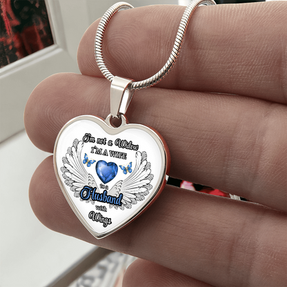 Personalized Memorial Necklace for Wife – "I'm a Wife to a Husband with Wings" – Heart Pendant Sympathy Gift – Loss of Husband Jewelry