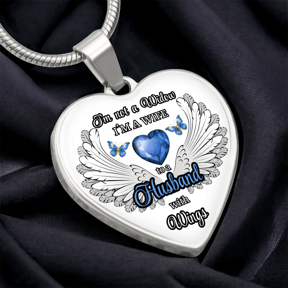 Personalized Memorial Necklace for Wife – "I'm a Wife to a Husband with Wings" – Heart Pendant Sympathy Gift – Loss of Husband Jewelry