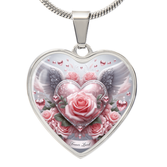 Luxury Graphic Heart Necklace Forever Love Pink Rose Angel Wings