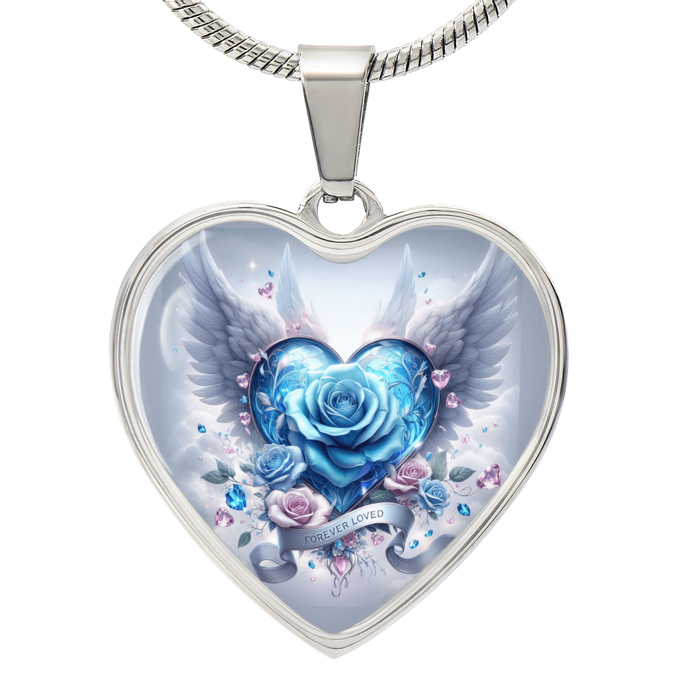Silver heart-shaped pendant necklace featuring a blue rose heart with angel wings and pink roses.