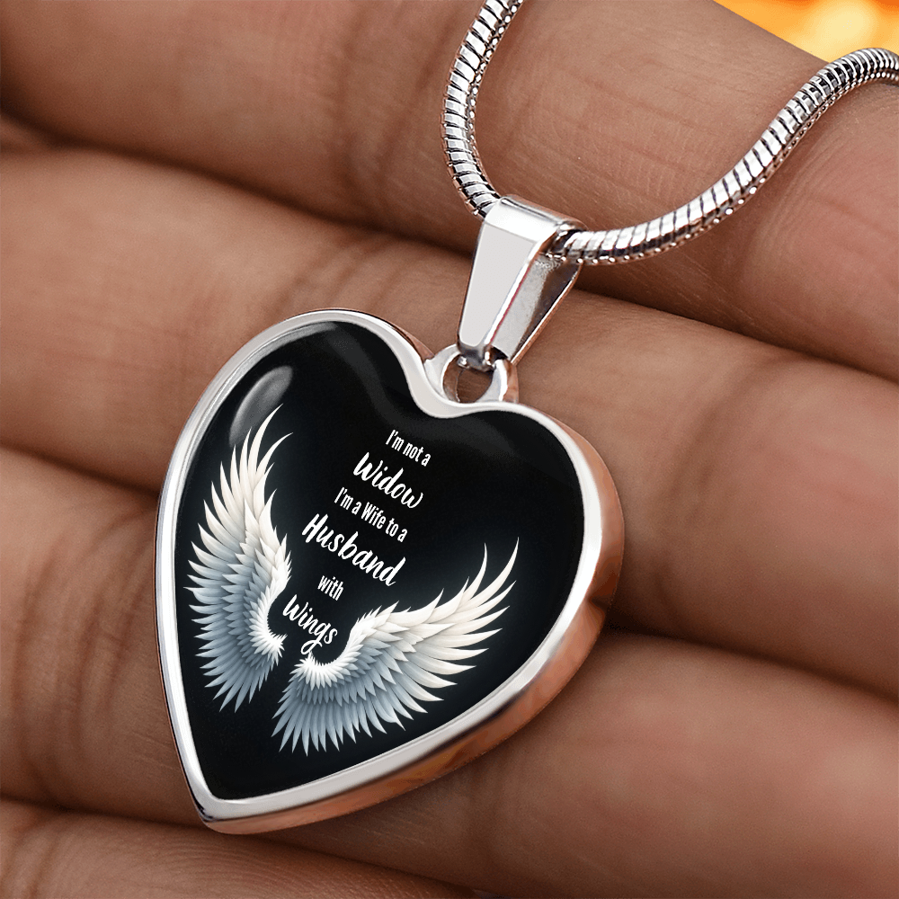 Heart Necklace, I'm Not A Widow Jewelry, Memorial Piece, Graphic Pendant, Emotional Tribute, Gift For Wife, Husband Wings