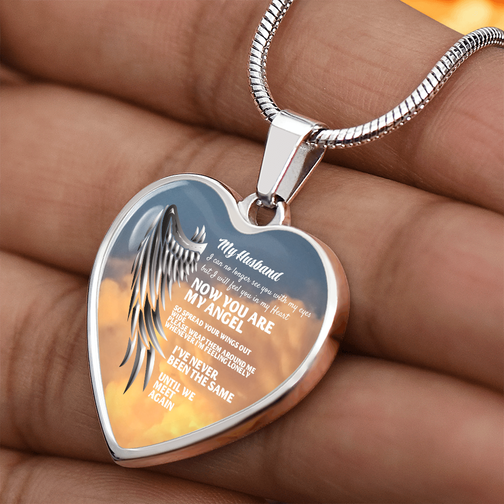 My Husband Now You Are My Angel Necklace, Heart Pendant Tribute, Memorial Jewelry, Keepsake Gift for Wife