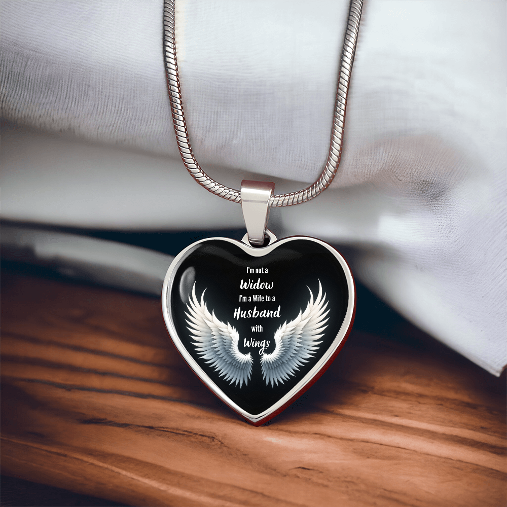 Heart Necklace, I'm Not A Widow Jewelry, Memorial Piece, Graphic Pendant, Emotional Tribute, Gift For Wife, Husband Wings