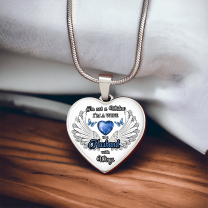 Personalized Memorial Necklace for Wife – "I'm a Wife to a Husband with Wings" – Heart Pendant Sympathy Gift – Loss of Husband Jewelry