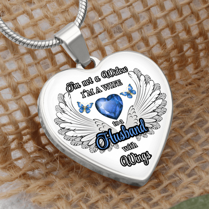 Personalized Memorial Necklace for Wife – "I'm a Wife to a Husband with Wings" – Heart Pendant Sympathy Gift – Loss of Husband Jewelry