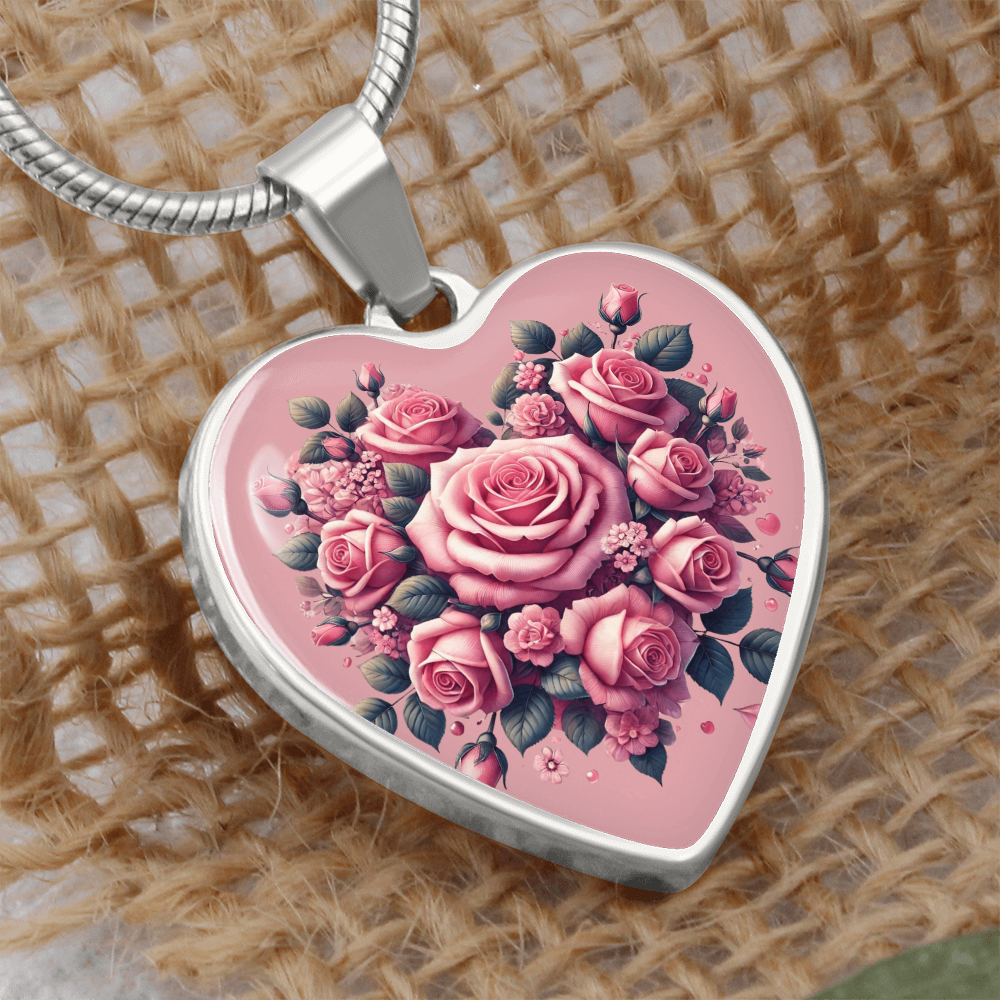 Luxury Heart Necklace, Graphic Pink Roses Jewelry, Valentine Heart Necklace, Love Gift, Wedding Necklace, Anniversary Jewelry, Birthday Present