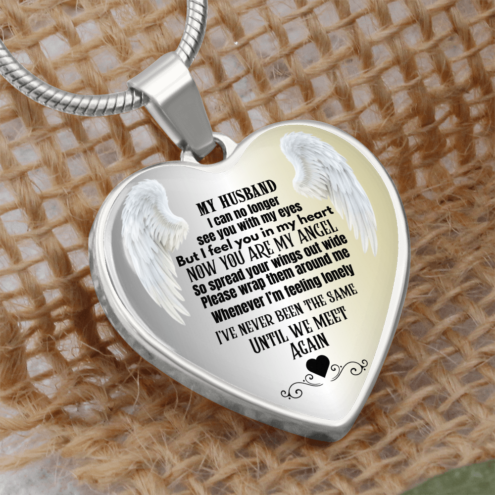 Husband Memorial Heart Pendant Necklace Angel Keepsake Jewelry for Widows In Loving Memory Gift Personalized Loss Remembrance Jewelry