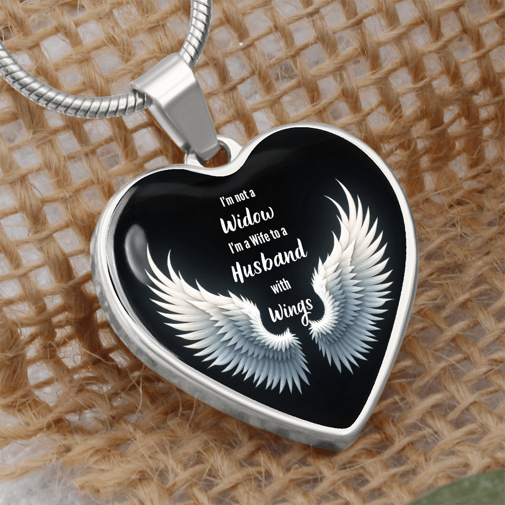 Heart Necklace, I'm Not A Widow Jewelry, Memorial Piece, Graphic Pendant, Emotional Tribute, Gift For Wife, Husband Wings