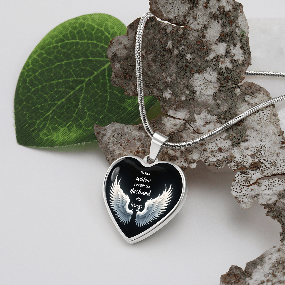 Heart Necklace, I'm Not A Widow Jewelry, Memorial Piece, Graphic Pendant, Emotional Tribute, Gift For Wife, Husband Wings