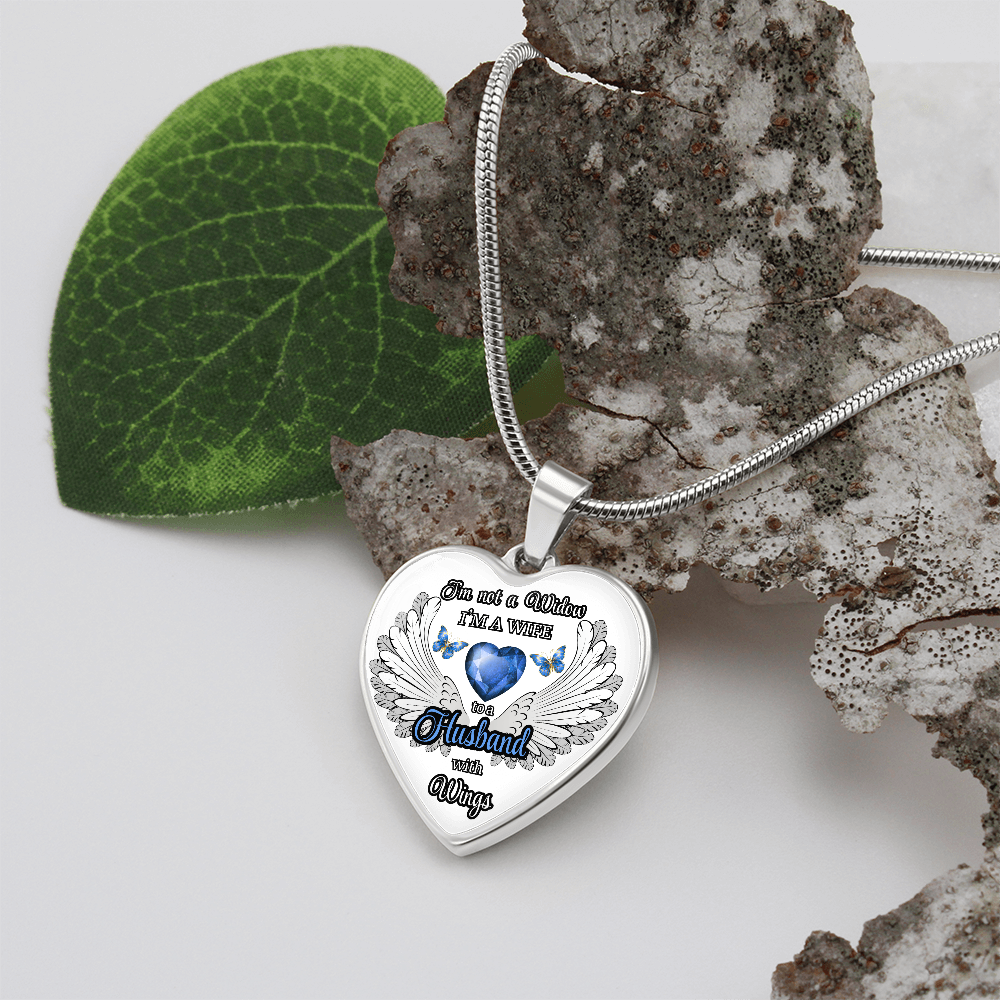 Personalized Memorial Necklace for Wife – "I'm a Wife to a Husband with Wings" – Heart Pendant Sympathy Gift – Loss of Husband Jewelry