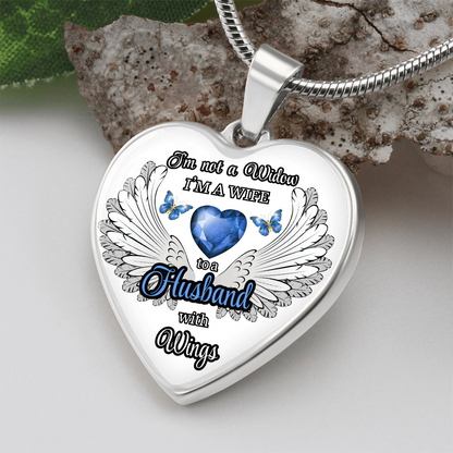 Personalized Memorial Necklace for Wife – "I'm a Wife to a Husband with Wings" – Heart Pendant Sympathy Gift – Loss of Husband Jewelry