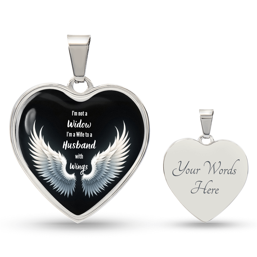 Heart Necklace, I'm Not A Widow Jewelry, Memorial Piece, Graphic Pendant, Emotional Tribute, Gift For Wife, Husband Wings