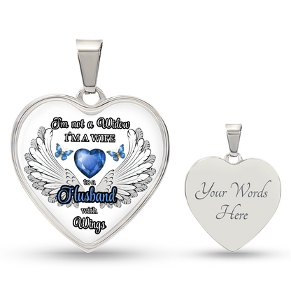 Personalized Memorial Necklace for Wife – "I'm a Wife to a Husband with Wings" – Heart Pendant Sympathy Gift – Loss of Husband Jewelry