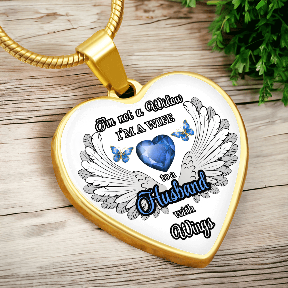Personalized Memorial Necklace for Wife – "I'm a Wife to a Husband with Wings" – Heart Pendant Sympathy Gift – Loss of Husband Jewelry