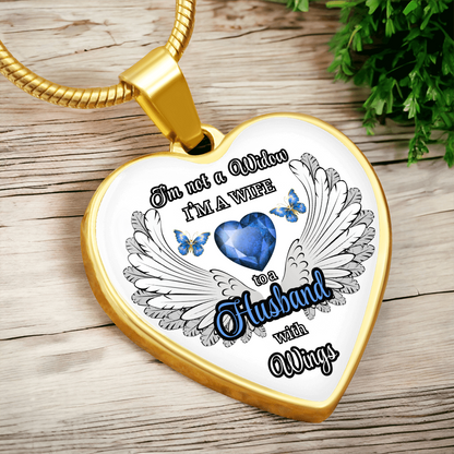 Personalized Memorial Necklace for Wife – "I'm a Wife to a Husband with Wings" – Heart Pendant Sympathy Gift – Loss of Husband Jewelry