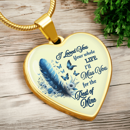 Necklace Memorial Blue Feather Heart Pendant Sympathy Gift for Loss "I Loved You Your Whole Life"