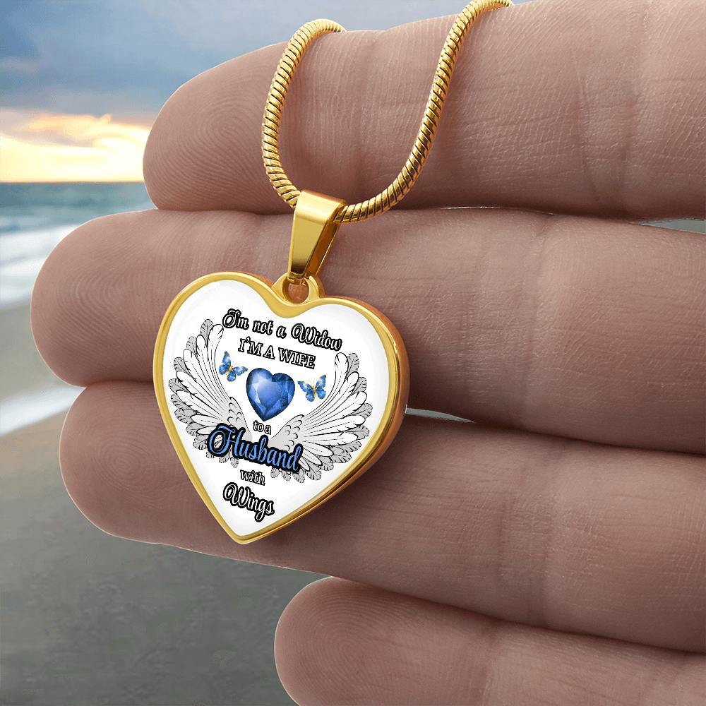Personalized Memorial Necklace for Wife – "I'm a Wife to a Husband with Wings" – Heart Pendant Sympathy Gift – Loss of Husband Jewelry