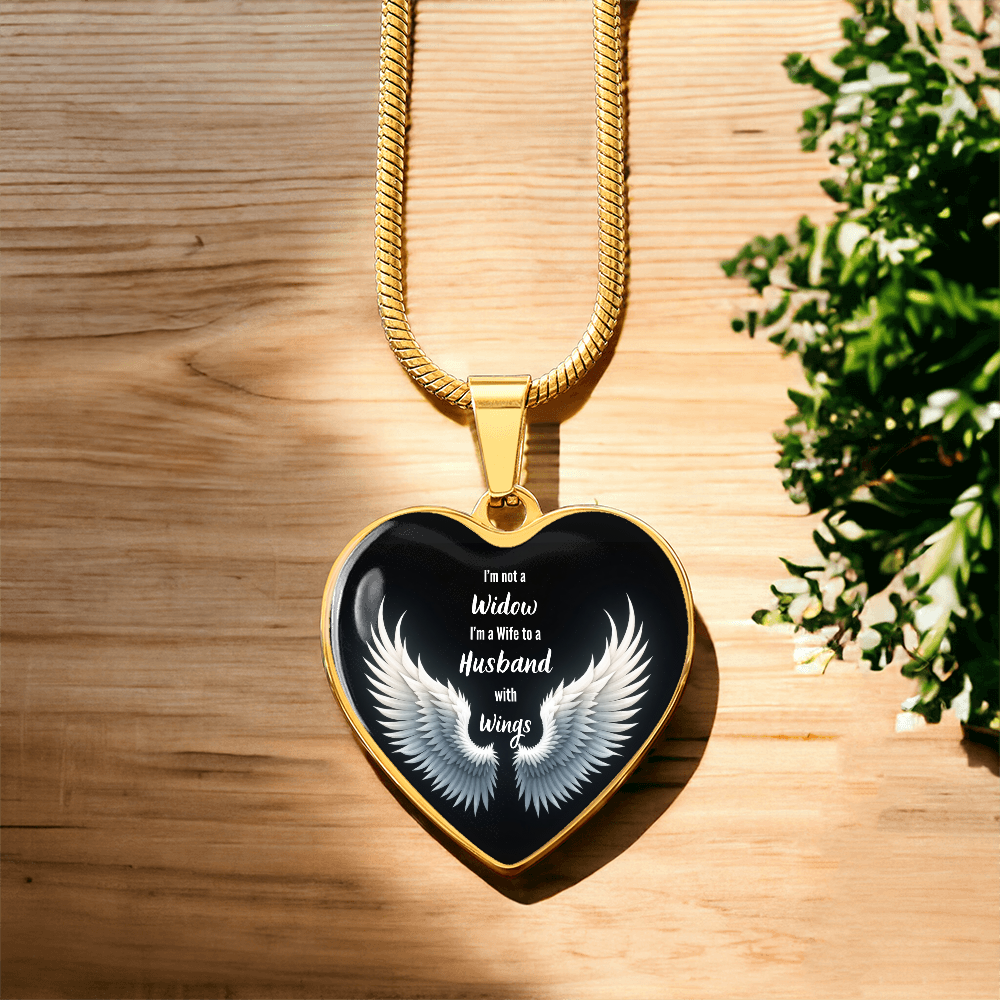 Heart Necklace, I'm Not A Widow Jewelry, Memorial Piece, Graphic Pendant, Emotional Tribute, Gift For Wife, Husband Wings