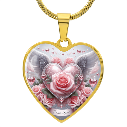 Luxury Graphic Heart Necklace Forever Love Pink Rose Angel Wings