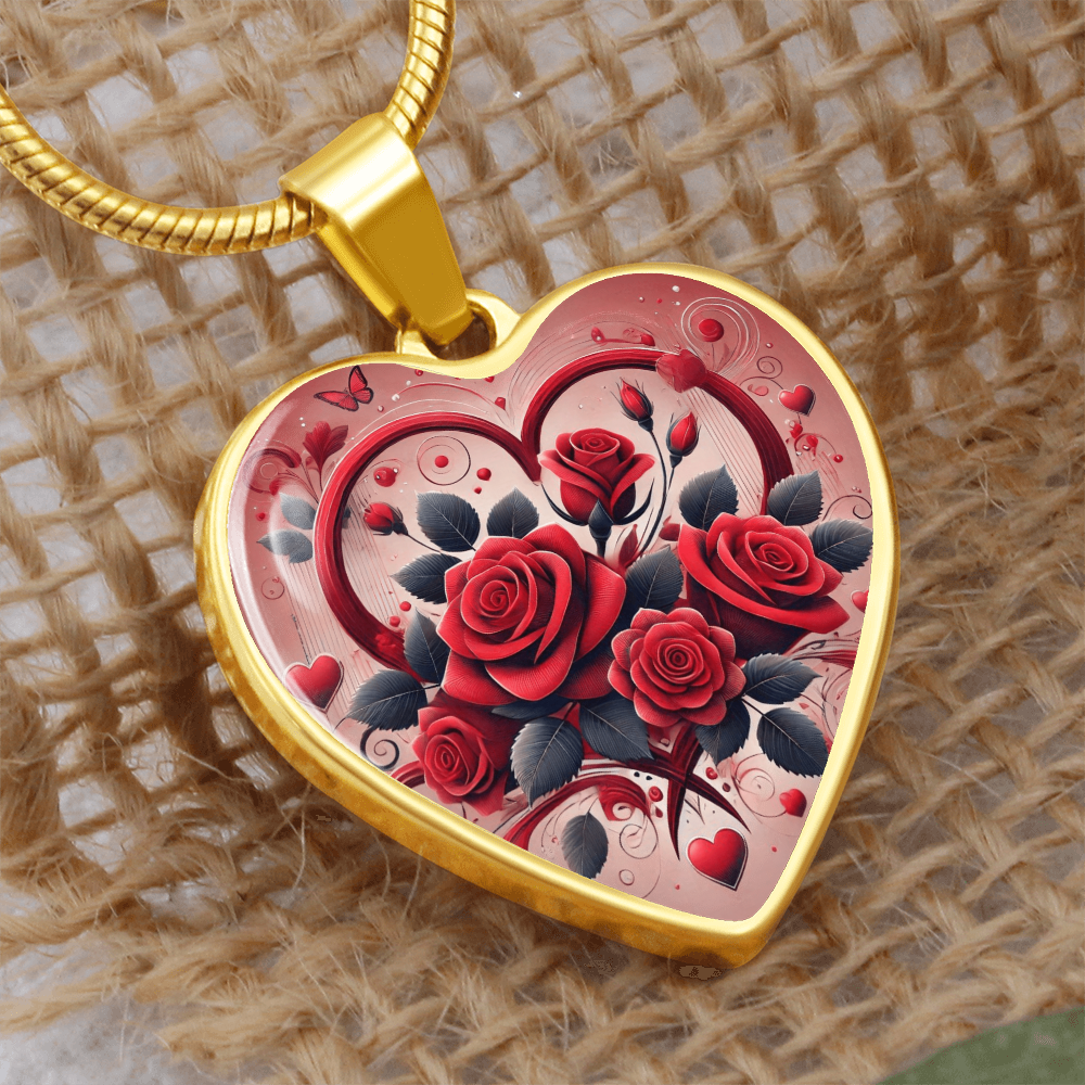 Luxury Graphic Heart Necklace, Red Roses Necklace, Valentine Jewelry, Love Necklace, Wedding Gift, Anniversary Gift, Birthday Present