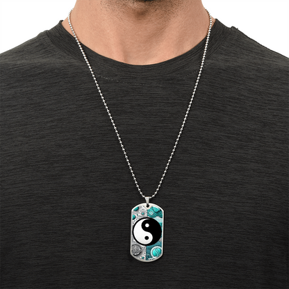 Turquoise Yin Yang Military Tag Necklace Spiritual Balance Pendant for Men Zen Style Jewelry Mindfulness Gift for Him Unique